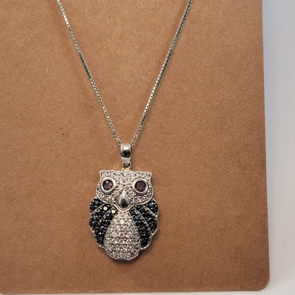 Vintage Sterling Silver Owl Pendant Necklace with Black and Clear CZ 925 Stamped - Picture 3 of 10